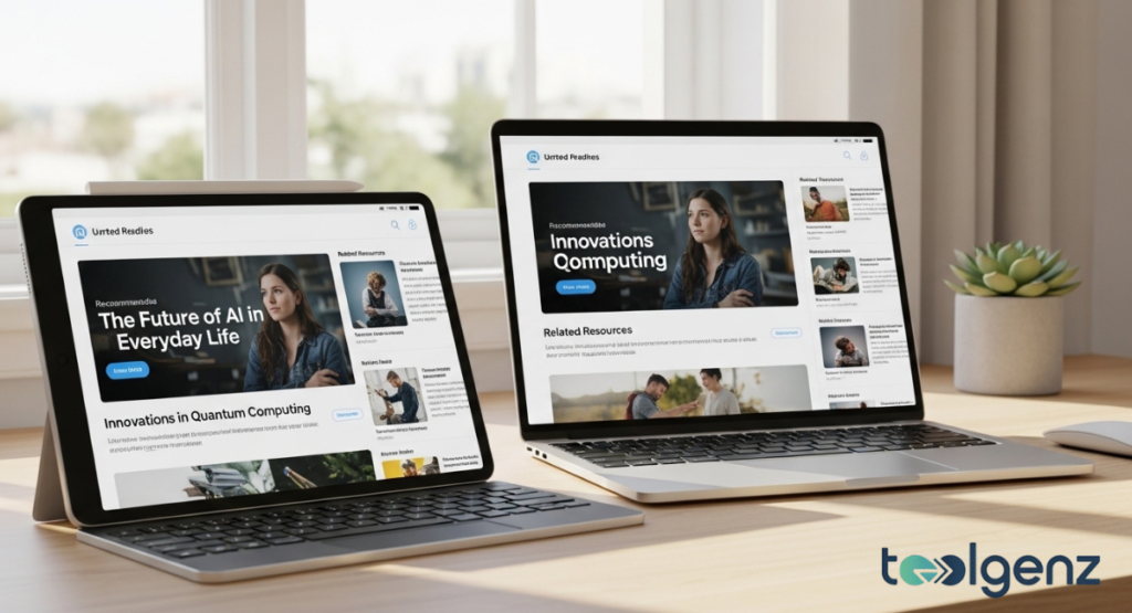 A laptop and a tablet display a clean, modern website design focused on "Quantum Computing" and "AI." Both screens show consistent branding and related content, emphasizing user-friendly digital resources.