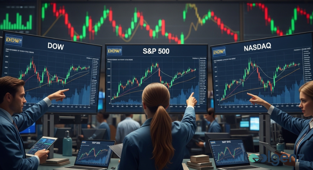 Three screens display detailed stock market graphs for "DOW," "S&P 500," and "NASDAQ." Traders point to the charts, analyzing the performance of major financial indexes in a data-rich environment.