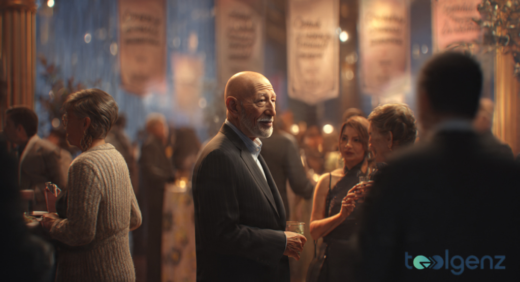 A man with a bald head and grey beard stands in a festive hall, conversing with guests at a formal event. The backdrop of sparkling lights and elegant decor suggests a charitable gala or philanthropic initiative.