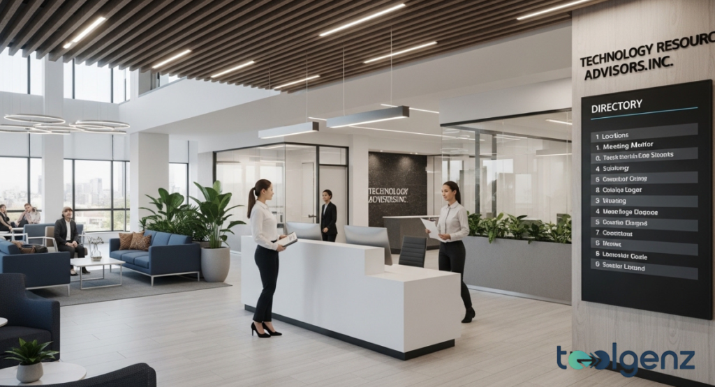 Modern office lobby of Technology Resource Advisors with a reception desk, digital directory, and staff greeting visitors. High ceilings, plants, and lounge seating create a welcoming atmosphere.