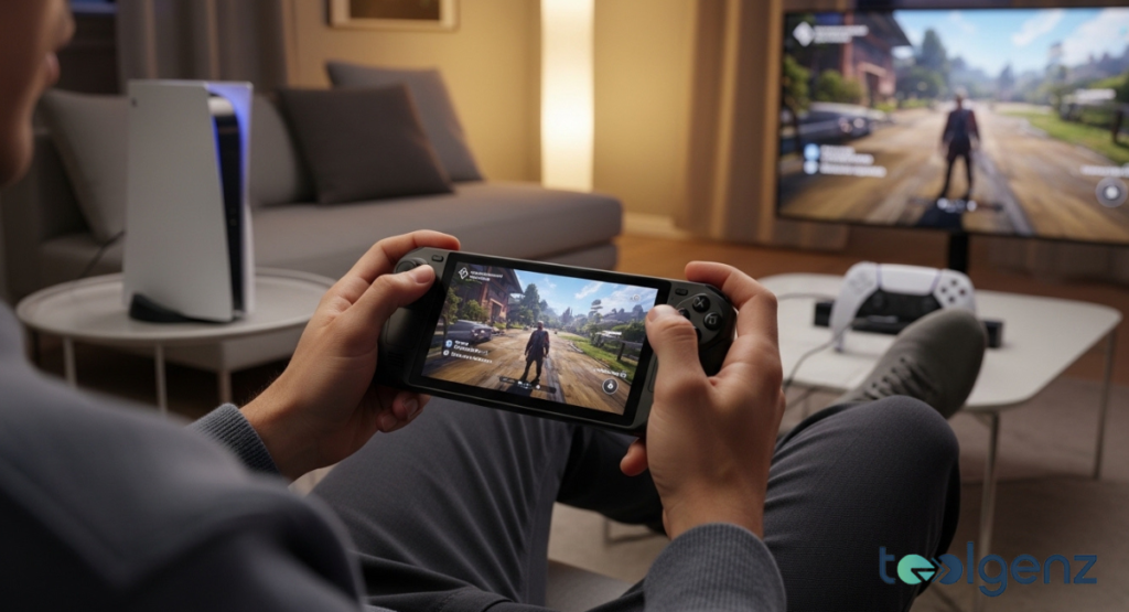 A person sits in a living room, playing a video game on a PlayStation Portal handheld device. A PlayStation 5 console glows softly nearby, with the same game mirrored on a large TV screen.