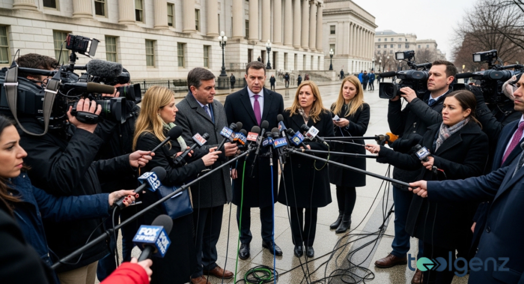 Officials speak to a scrum of reporters outside a neoclassical government building. Microphones from major outlets cluster around four spokespeople on the steps.