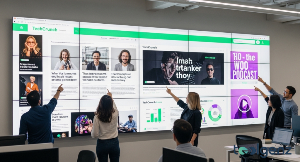 A bustling modern office with many employees working on laptops, facing a large screen displaying blog performance metrics. The screen shows "TechCrunch Blog" branding, charts, and content engagement data.