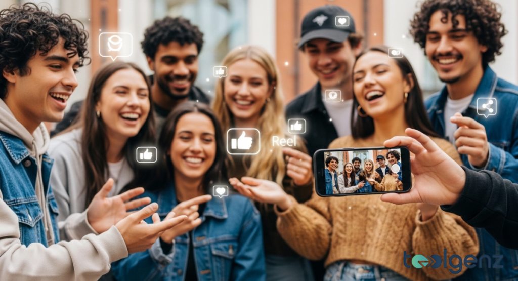 A joyful group of young adults takes a selfie, surrounded by glowing social media icons. The icons, like "Like," "Share," and "Reel," highlight popular features driving engagement.