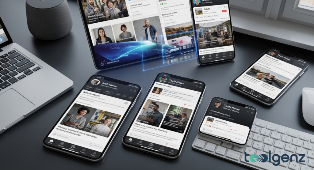 Multiple smartphones and a tablet display various interfaces of a tech news mobile app on a desk. The devices showcase different layouts and content, highlighting popular apps for iOS and Android.