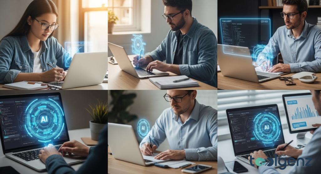 A collage of six individuals using laptops, with glowing AI circles and charts overlaid on their screens. Each person is engaged in different tasks, illustrating diverse and popular uses of ChatGPT.