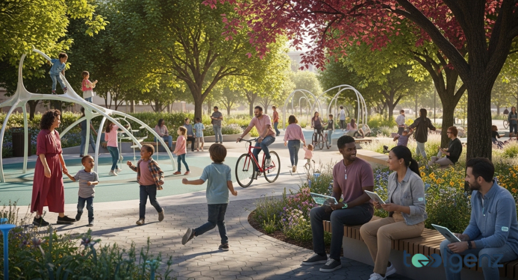 A vibrant community park with people of all ages enjoying various activities. Children play on structures, adults relax on benches, and some ride bicycles.