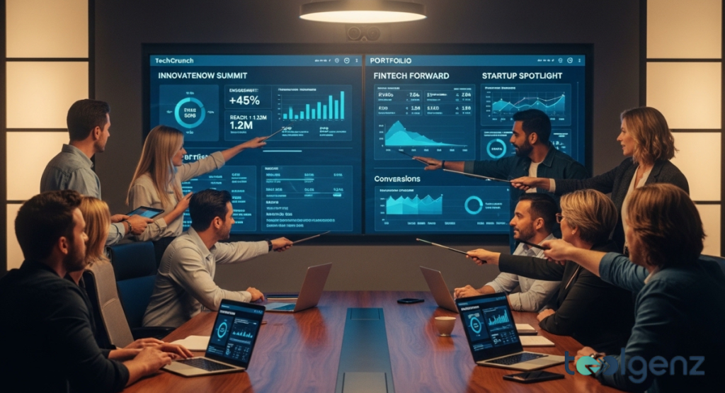 A business meeting where professionals are discussing data on a large interactive screen. The screen displays various charts and metrics related to innovation, fintech, and startups.