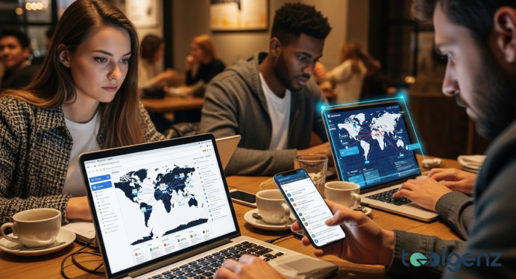 People in a café use laptops displaying world maps with network routes and a phone showing a social feed. A glowing blue world map on one screen highlights connection paths across regions.