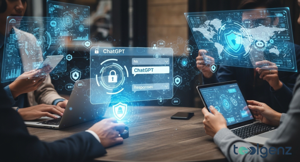 People around a table interact with holographic ChatGPT privacy panels. Lock icons and shield graphics highlight security and data controls