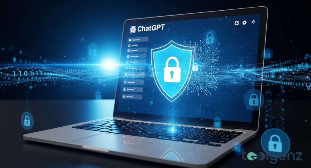A laptop displays the ChatGPT interface with a prominent security shield and padlock icon, symbolizing data protection. Glowing digital locks float in the background, reinforcing the importance of privacy and security for users.