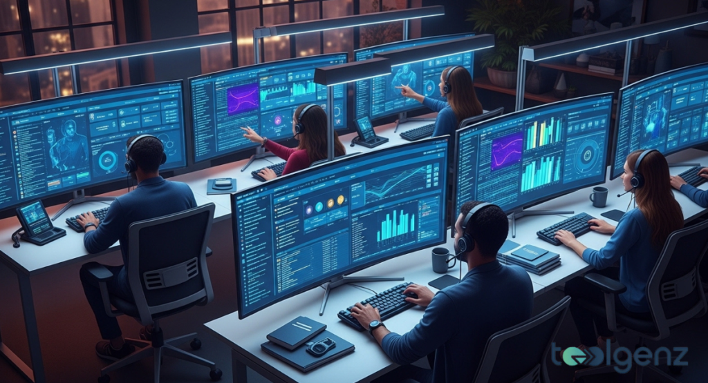 A moderation team works at curved monitors filled with graphs and user profiles. Agents with headsets review community signals in a bright operations room.