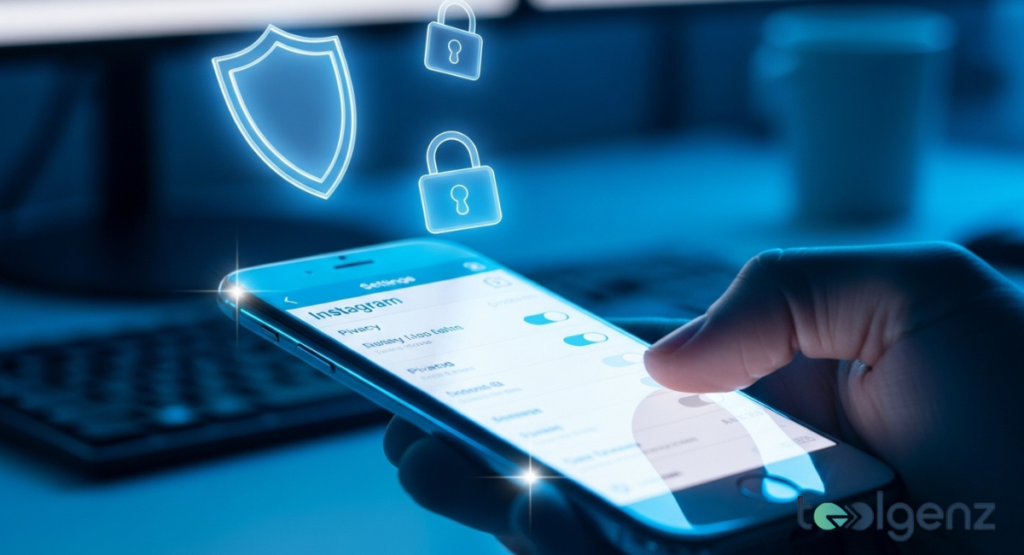 A hand interacts with a smartphone displaying privacy settings within a social media app. Glowing shield and lock icons hover above the phone, symbolizing security and policy updates.
