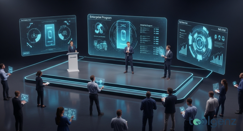 Speakers present on a dark stage with giant translucent screens labeled “Enterprise Program” during a product launch.