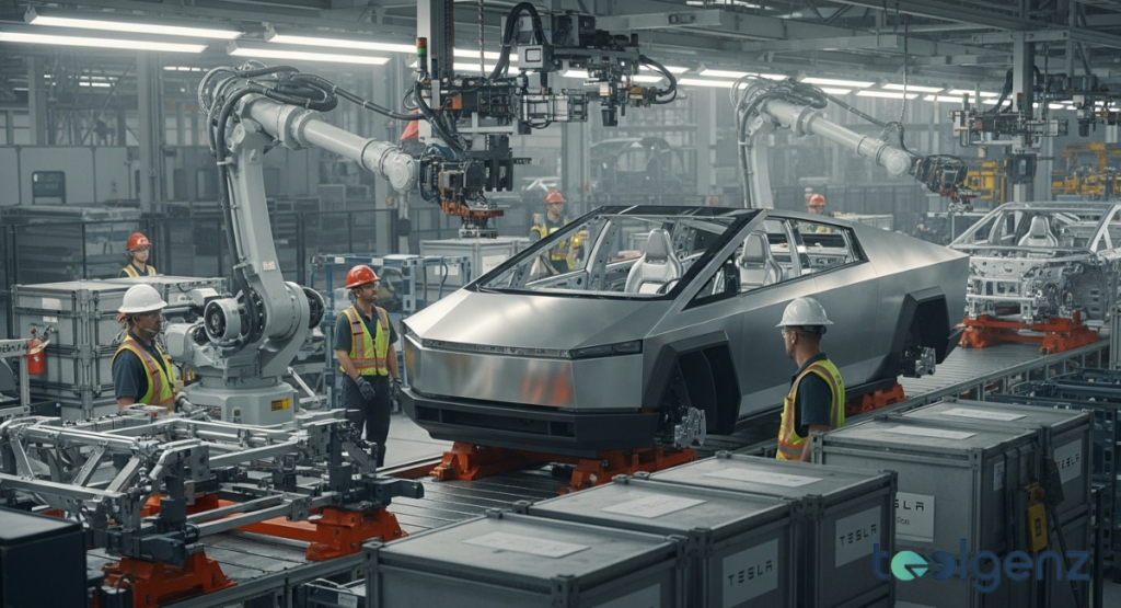 A busy automotive factory floor where robots and workers collaborate on assembling a Cybertruck. The complex machinery and human oversight illustrate the challenges of large-scale production.
