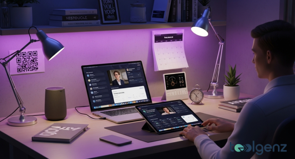 Person works at a minimalist desk with laptop and tablet under purple lighting and dual lamps. Calendar, clocks, and a smart speaker suggest time-blocking and focus.