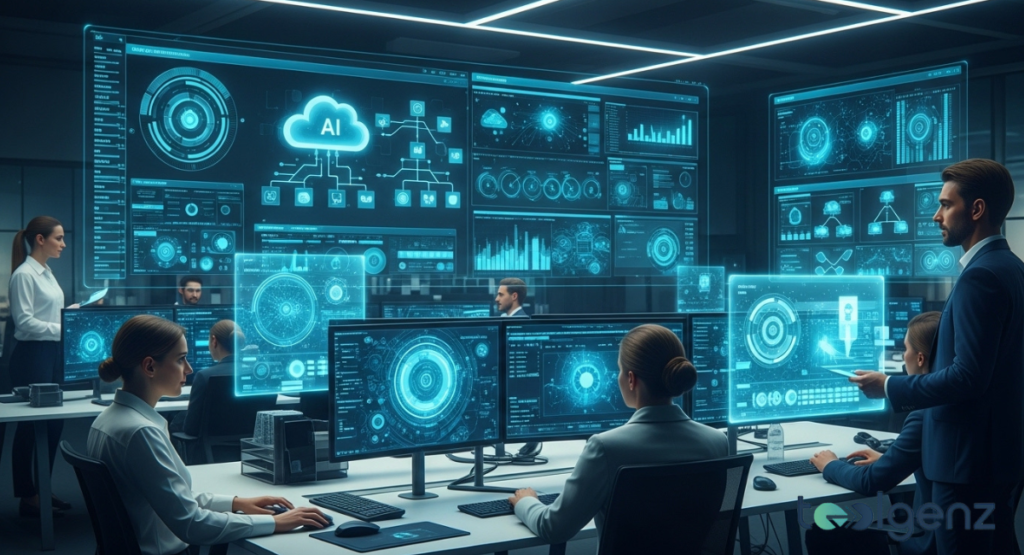 A team of analysts works in a high-tech control room, surrounded by large screens displaying digital interfaces. The screens feature cloud computing, AI, and cybersecurity data, illustrating advanced tech solutions.
