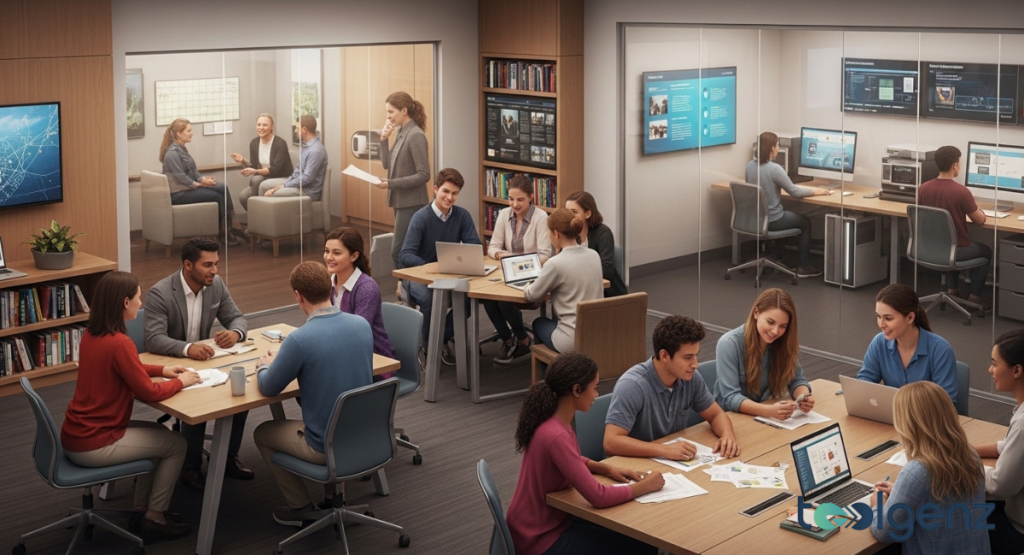 Students and staff meet in small groups around tables with laptops and notes in a bright collaborative workspace.
