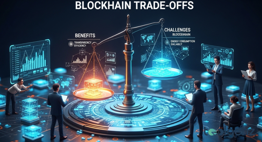 Scales of justice weighing the benefits and challenges of blockchain technology with glowing data cubes and holographic charts.