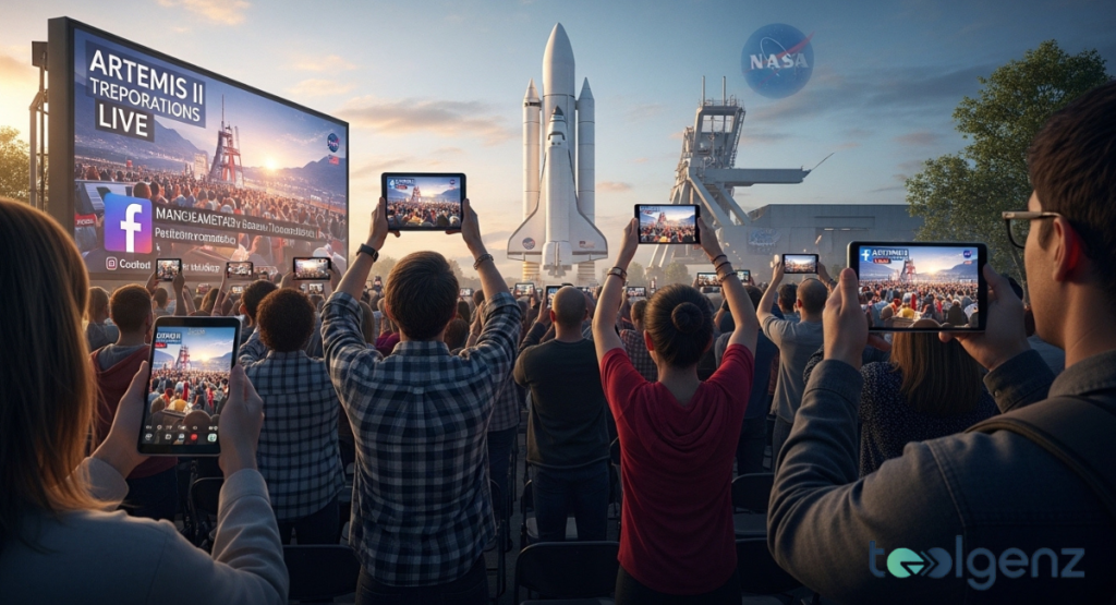 A crowd at the launch site raises tablets to record a rocket on the pad beside a giant “LIVE” broadcast screen.