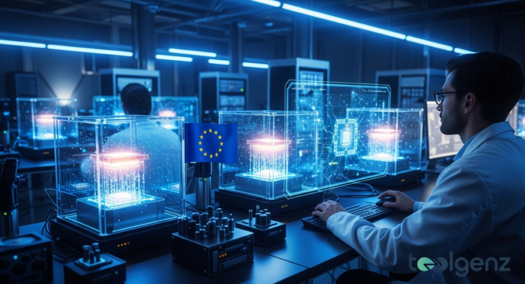 Scientists in a high-tech lab work with quantum computing devices, illuminated by blue light. Holographic interfaces display complex data and circuit designs, with an EU flag on one device.