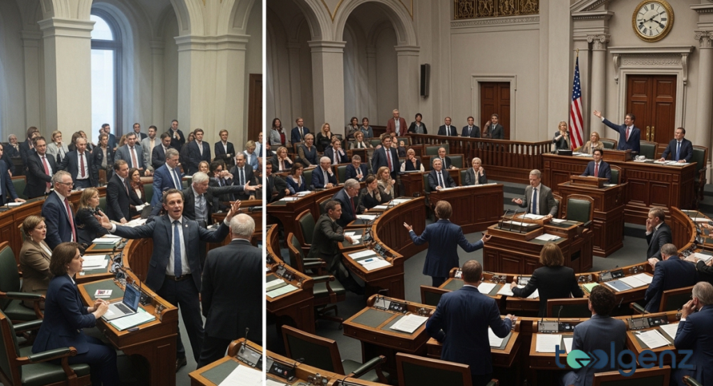 A split image of two crowded legislative chambers, filled with lawmakers reacting animatedly. One side shows a heated debate with a speaker at the podium, the other a general assembly.