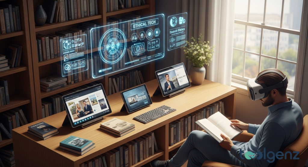 Person in a library wears a VR headset while reading a book, with tablets and holograms nearby. Floating panels read “ETHICAL TECH” amid bookshelves and sunlight.