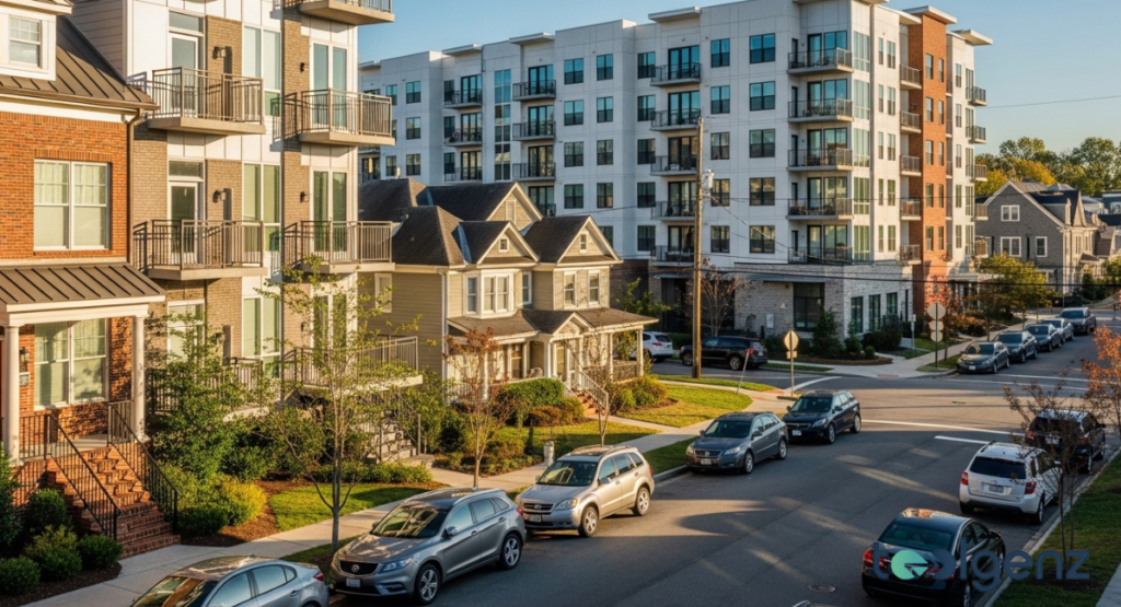 A street lined with a mix of modern apartment buildings and traditional houses under a clear sky. Several cars are parked along the curb, indicating a residential neighborhood.