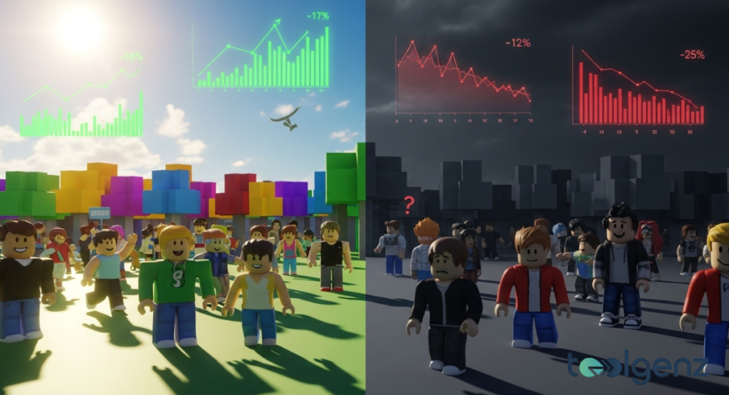 Rec Room avatars face declining red graphs on a dark, stormy side of a split scene. On the bright side, Roblox-style characters celebrate rising green charts under sunlight.
