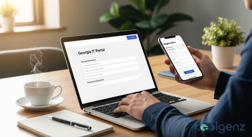 A person is actively typing on a laptop, completing a registration form for a Georgia IT Inc Portal. A smartphone in hand displays a corresponding registration interface.
