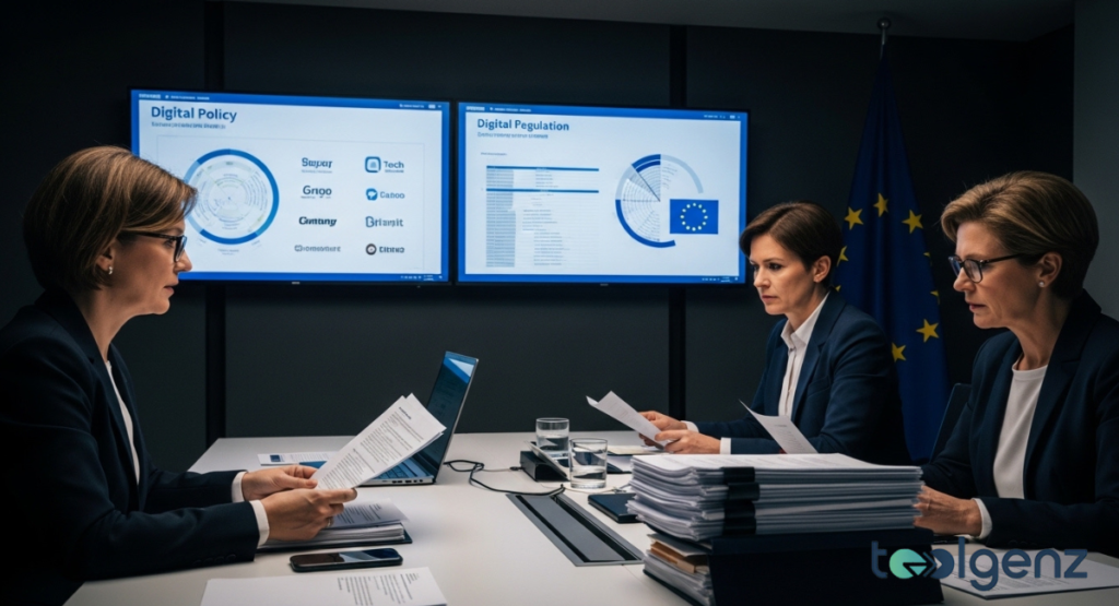 Three women in business suits sit at a conference table, reviewing documents in a formal room. Large screens behind them display "Digital Policy" and "Digital Regulation" charts, indicating legal discussions.