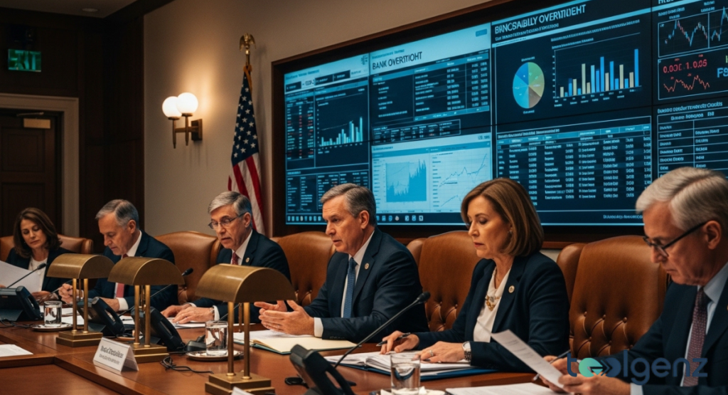 Government officials sit at a long table during a hearing, facing a large screen with financial oversight data. The screen displays charts and metrics related to "BANK OVERIGHT" and "FINANCIAL OVERSIGHT."