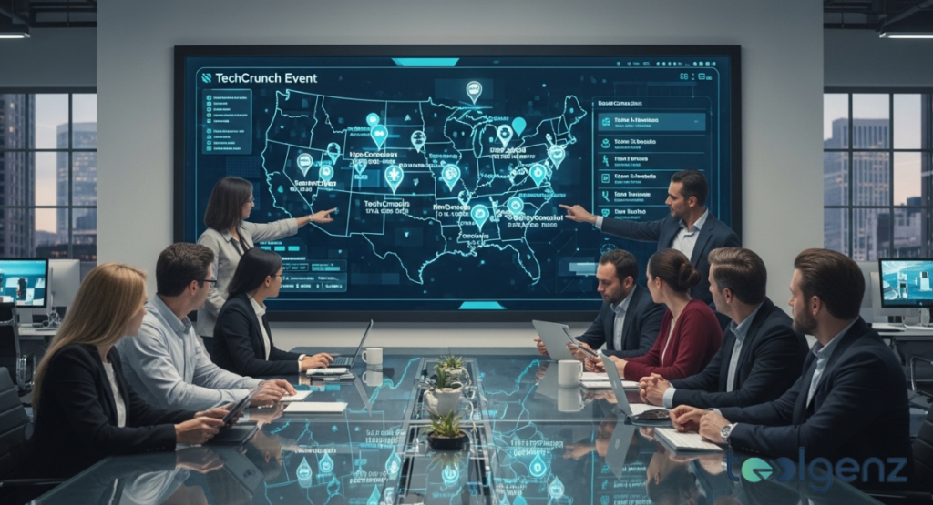 A speaker presents on a stage at a large tech conference, addressing a packed auditorium. Giant screens display "DISRUPTING THE FUTURE" and "NEXT-GEN AI SOLUTIONS" to the engaged audience.