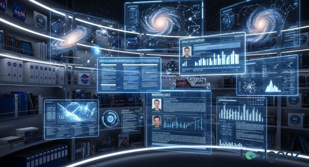 Futuristic command center with holographic displays showing space evacuation data and mission logs. NASA-related documents and galaxy visualizations floating in a high-tech library setting.