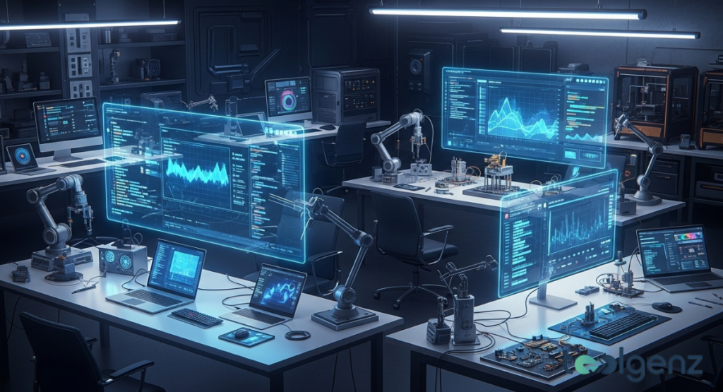 A high-tech laboratory or workshop with multiple workstations, each featuring robotic arms and screens.