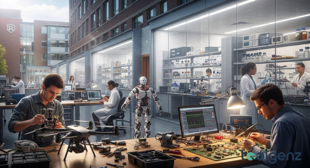 Students and researchers in a high-tech lab work on drones and electronics, alongside a humanoid robot, with advanced equipment.