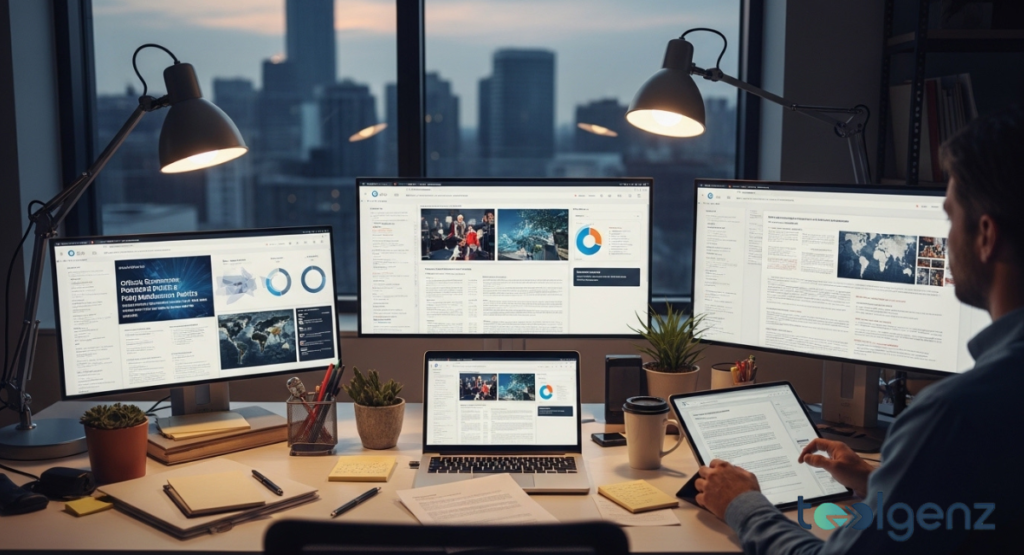 A person works on multiple glowing screens in a dark office overlooking a city skyline. The screens display various reports, charts, and articles, providing comprehensive information resources.