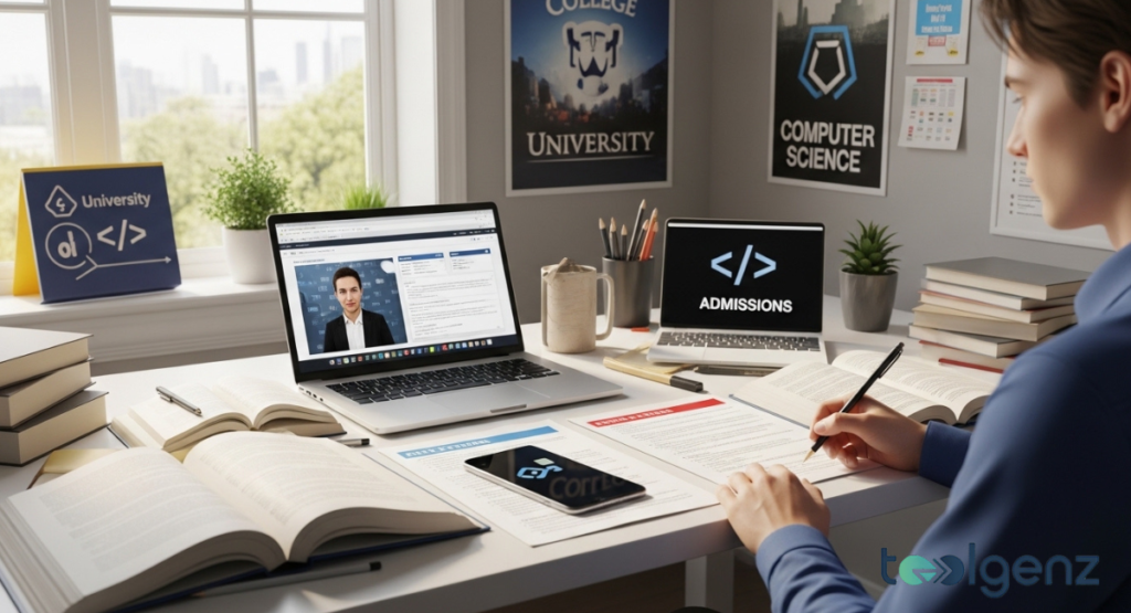 A student reviews application materials at a desk, surrounded by books and a laptop showing a virtual interview, with university posters on the wall. This illustrates the process of preparing admissions for computer science programs.