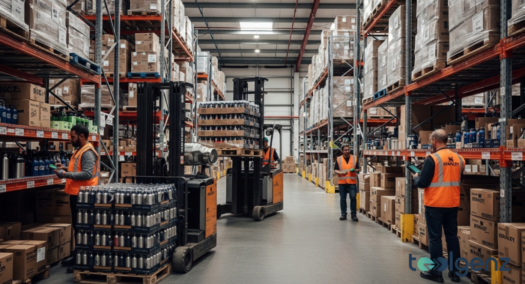 Workers in orange safety vests move pallets of boxed bottles inside a vast warehouse. Forklifts transport shrink-wrapped stacks between towering racks filled with inventory.