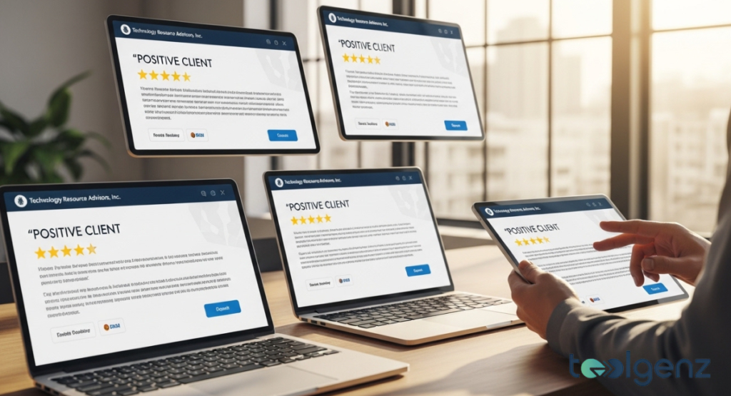 Multiple screens float above a desk displaying five-star client reviews and feedback forms. A person holds a tablet mirroring the testimonial layout.