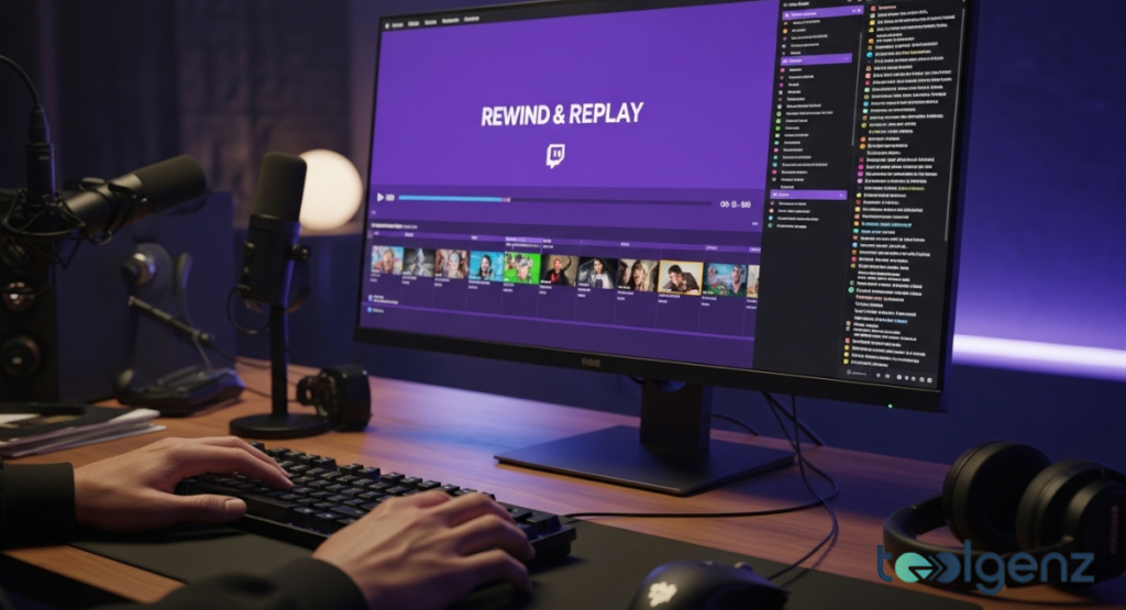 A close-up of a monitor with a bold “REWIND & REPLAY” interface in purple. Hands type on a keyboard beside a microphone and headphones on a wooden desk.