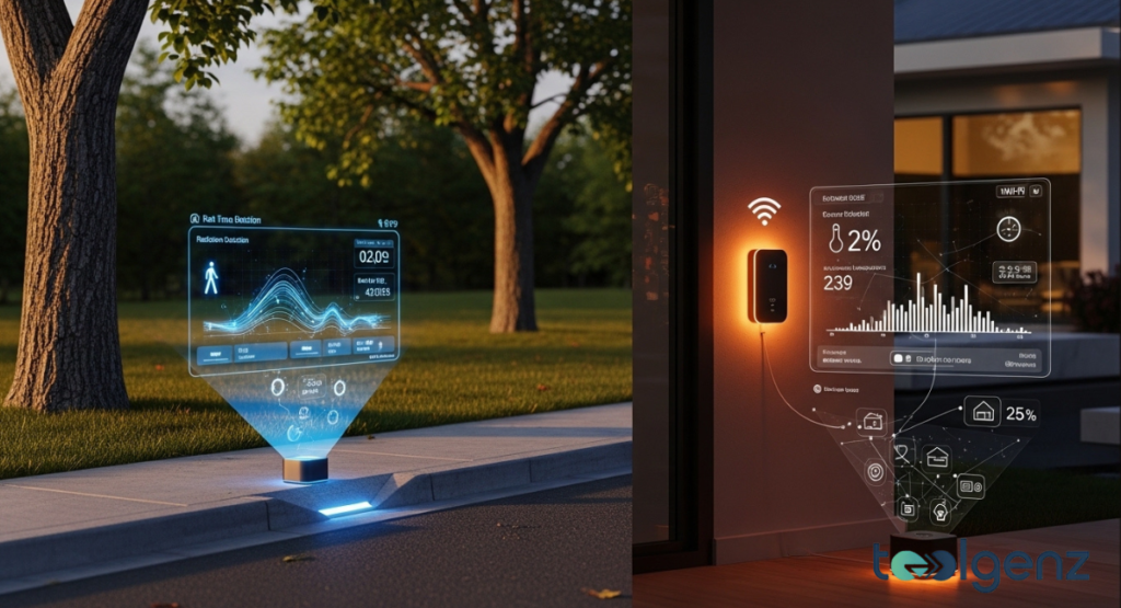 Split view shows an outdoor sidewalk sensor projecting motion data and an indoor wall unit. Charts, percentages, and Wi-Fi icons illustrate competing connectivity options for sensors.