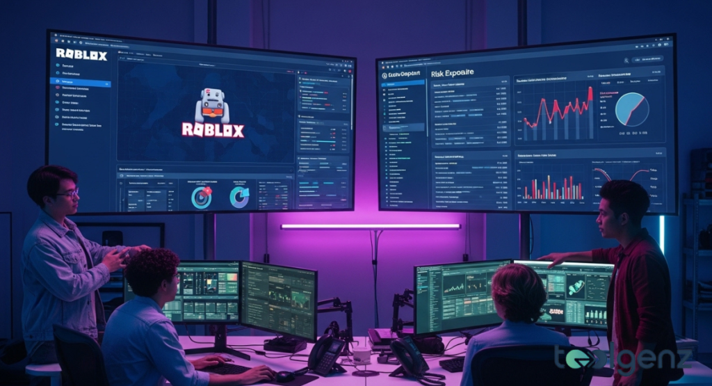 Four young analysts in a control room monitor screens displaying Roblox SEC data and "Risk Exposure" charts. The vibrant purple and pink lighting creates a dynamic atmosphere for financial analysis.