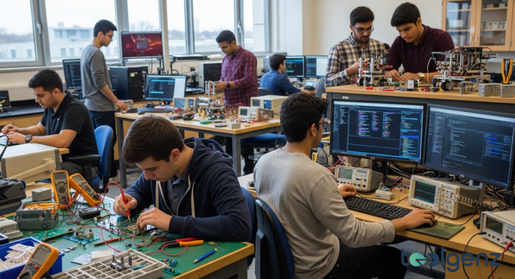 A bustling workshop with students deeply engaged in building and programming robots and electronic circuits.