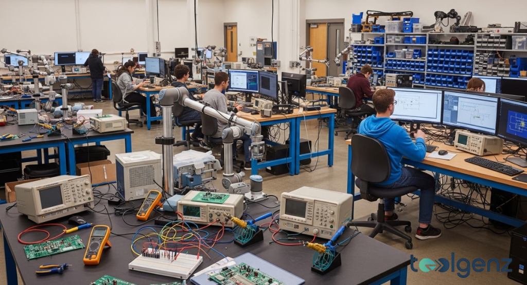 Students in a modern engineering lab work with robotics, electronics, and computers, demonstrating hands-on learning. This advanced facility is indicative of a leading institution focused on technology education.