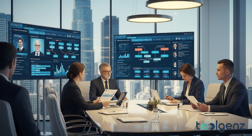 Executives meet in a boardroom with skyline views and two large presentation screens. Slides show org charts, hiring funnels, and performance metrics.