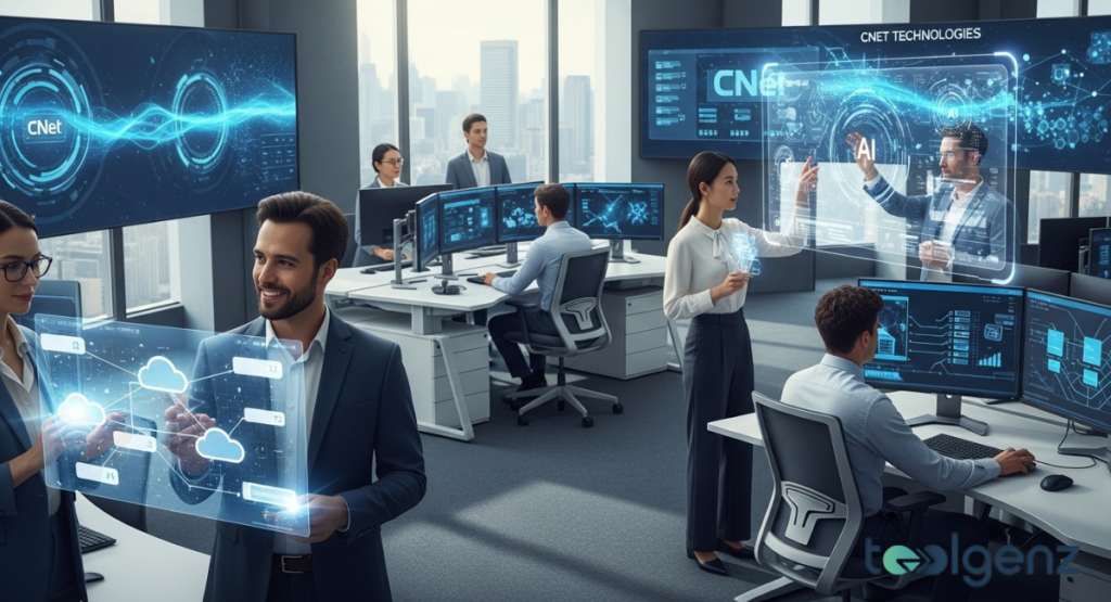 A vibrant, modern office where employees interact with holographic displays of cloud computing and AI solutions. Screens on the walls show "Technologies" branding and advanced technological interfaces.