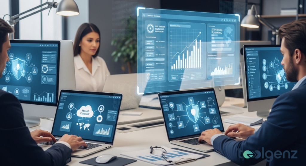 Professionals work on laptops and monitors, with holographic displays showing cloud computing and strategic planning dashboards. The focus is on advanced technology and data management in a corporate setting.