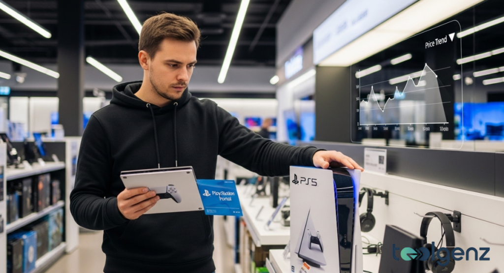 A man in a retail electronics store examines a PlayStation 5 console box, with a price trend graph overlay. He holds a PlayStation Portal display card, considering a purchase decision with market data.