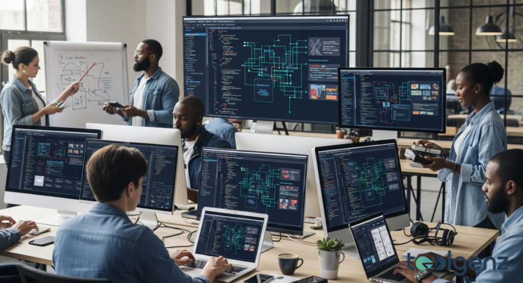 Developers gathered around desks with large monitors full of code and system diagrams. A presenter points to a whiteboard while colleagues review architecture on their screens.